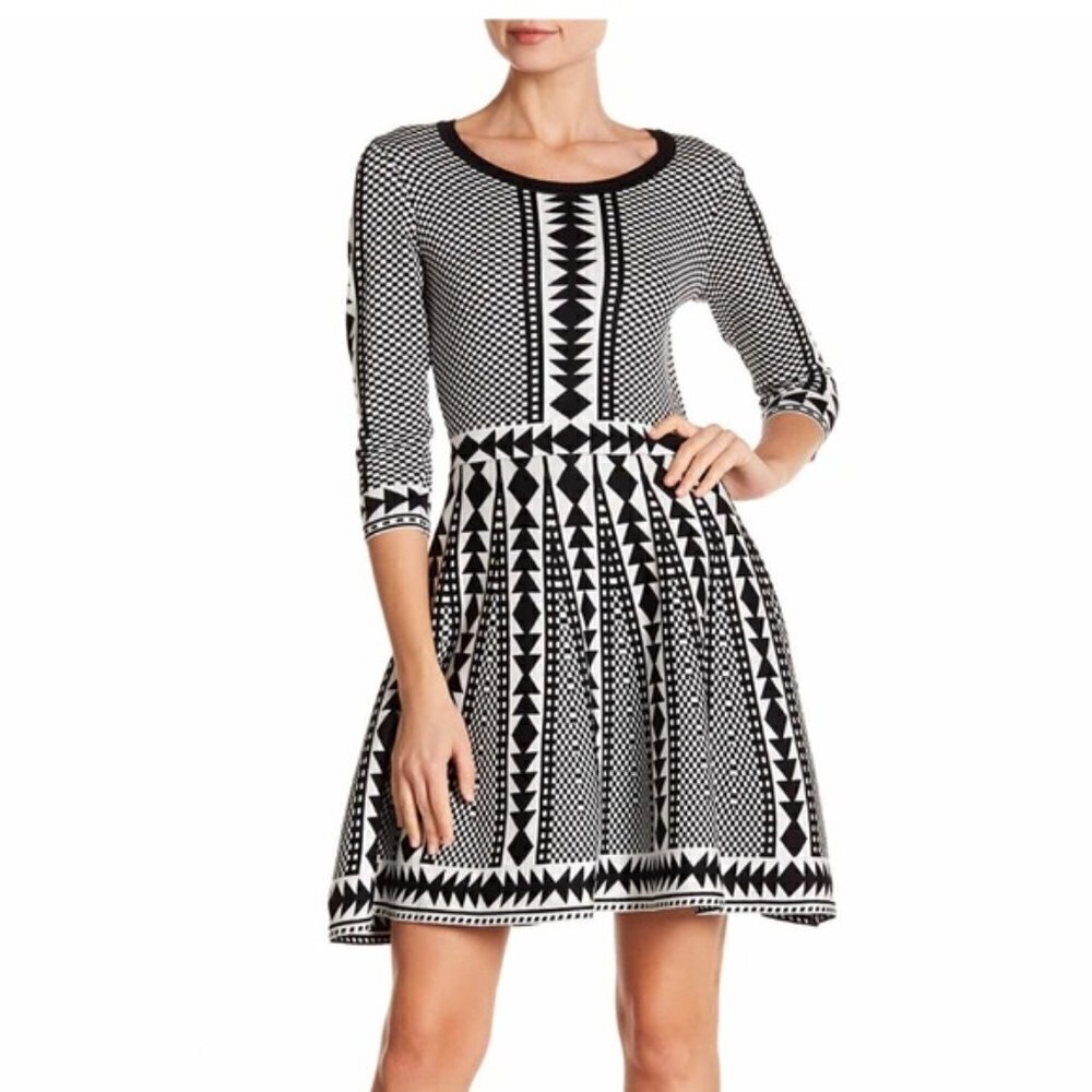Nina Leonard Black‎ White Geometric Print Fit Flare Knit Dress Scoop Neck Sz Sm - Picture 3 of 6